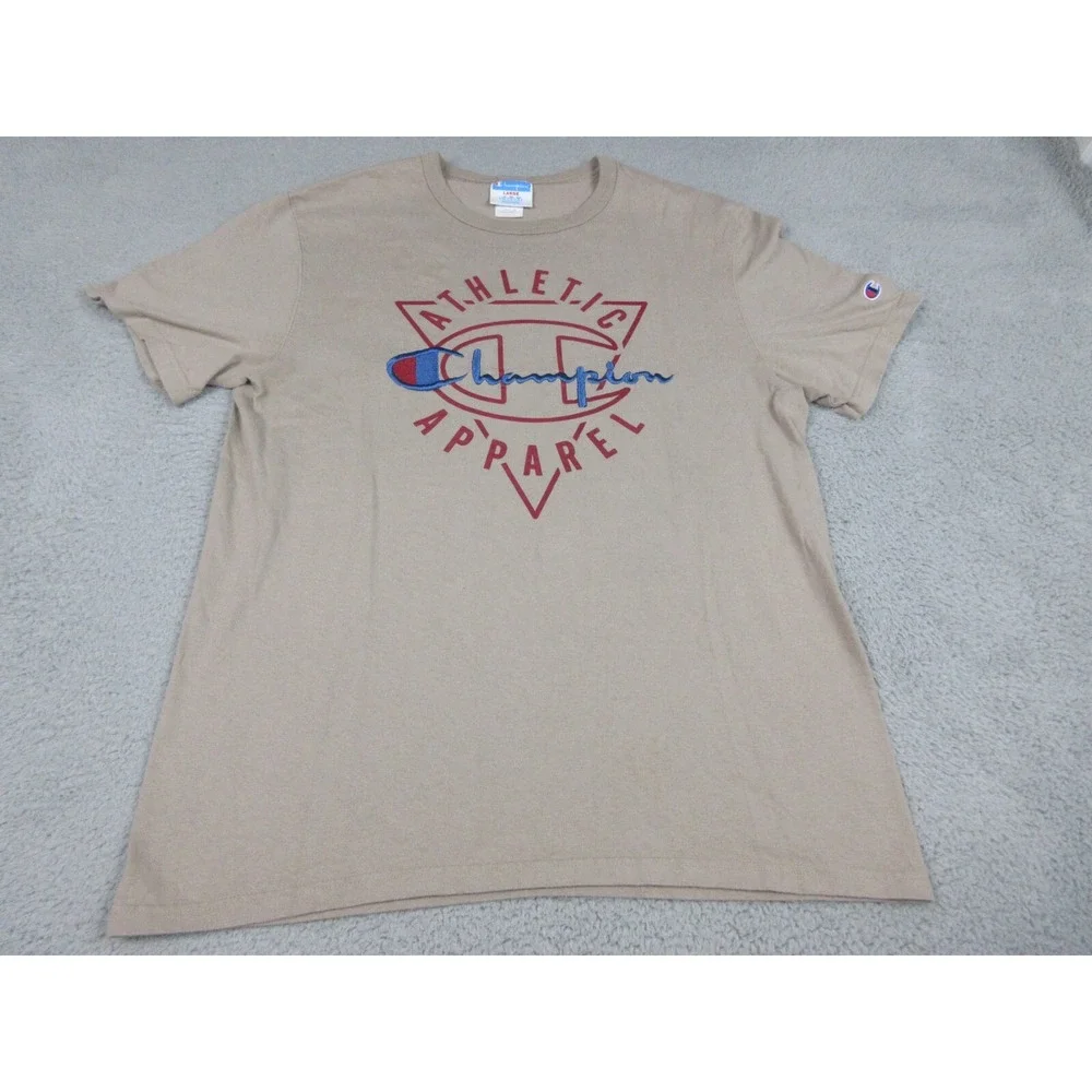 Champion Shirt Mens Large Beige Athletic Apparel Logo Graphic Tee Casual